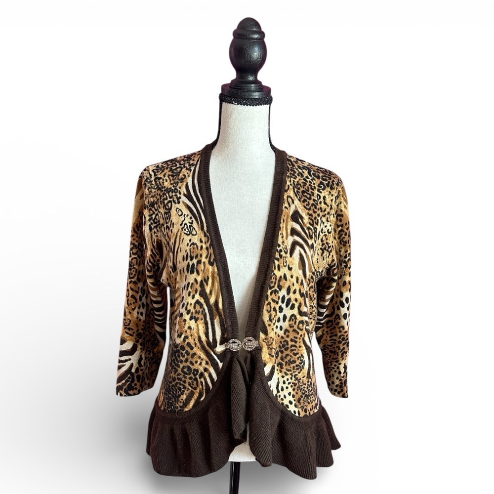Christina Rhinestone Marcasite Clasp Leopard Animal Print Ruffle Sweater PL